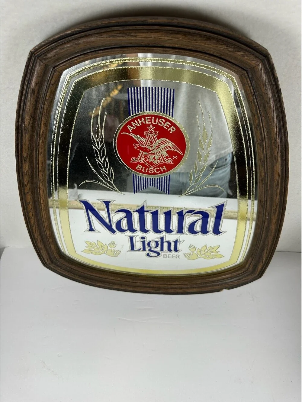 Vintage Natural Light Beer Mirror Sign Anheuser-Busch Wood Frame C-12